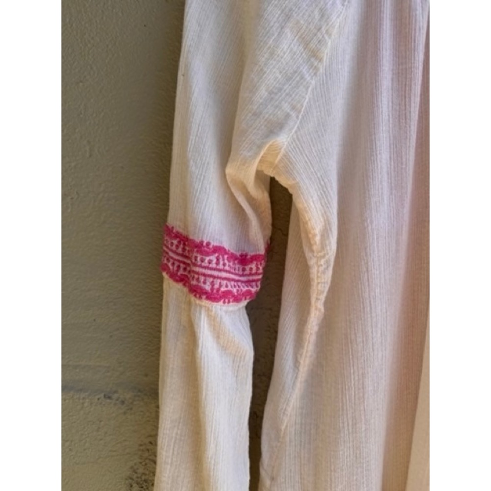 Free People Cream Pink Embroidered Gauze High Low Long Sleeve Midi Dress SMALL - Picture 9 of 10